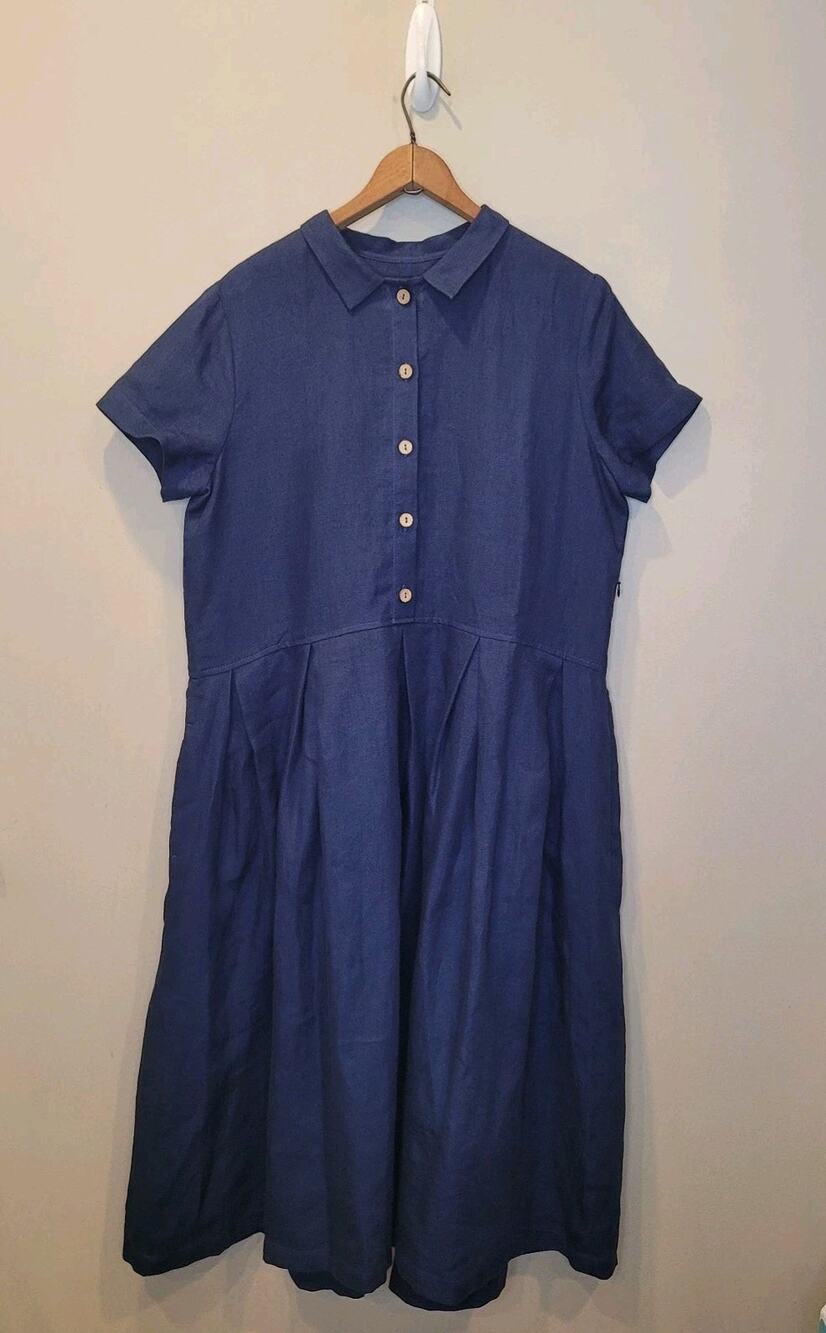 Offon Linen Blue Midi Dress Size XL Short Sleeve Button Front Coastal Minimalist